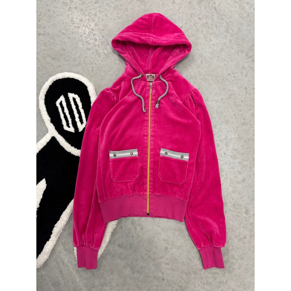 Juicy Couture Hot Pink Velour Puff Sleeve Zip Up Hoodie Y2K Medium